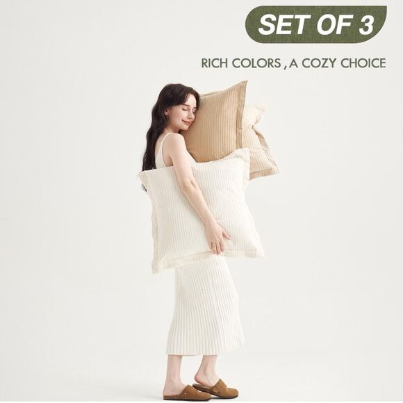 Macys | Coco Top 3 Set Corduroy Ribbed Pillow Covers 24x24 white, beige & camel - Picture 2 of 6